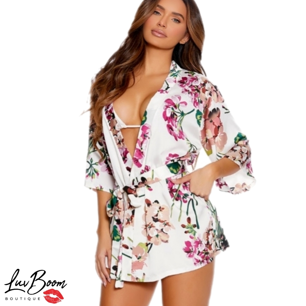 ‼️💌Spring Love Pretty Floral Charmeuse Satin Kimono Robe with Detachable Belt - Picture 4 of 7
